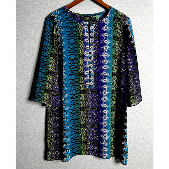 Nicole Miller Womens Large Colorful‎ Long Sheer Tunic Geometric Aztec Fairy Boho - Picture 1 of 11